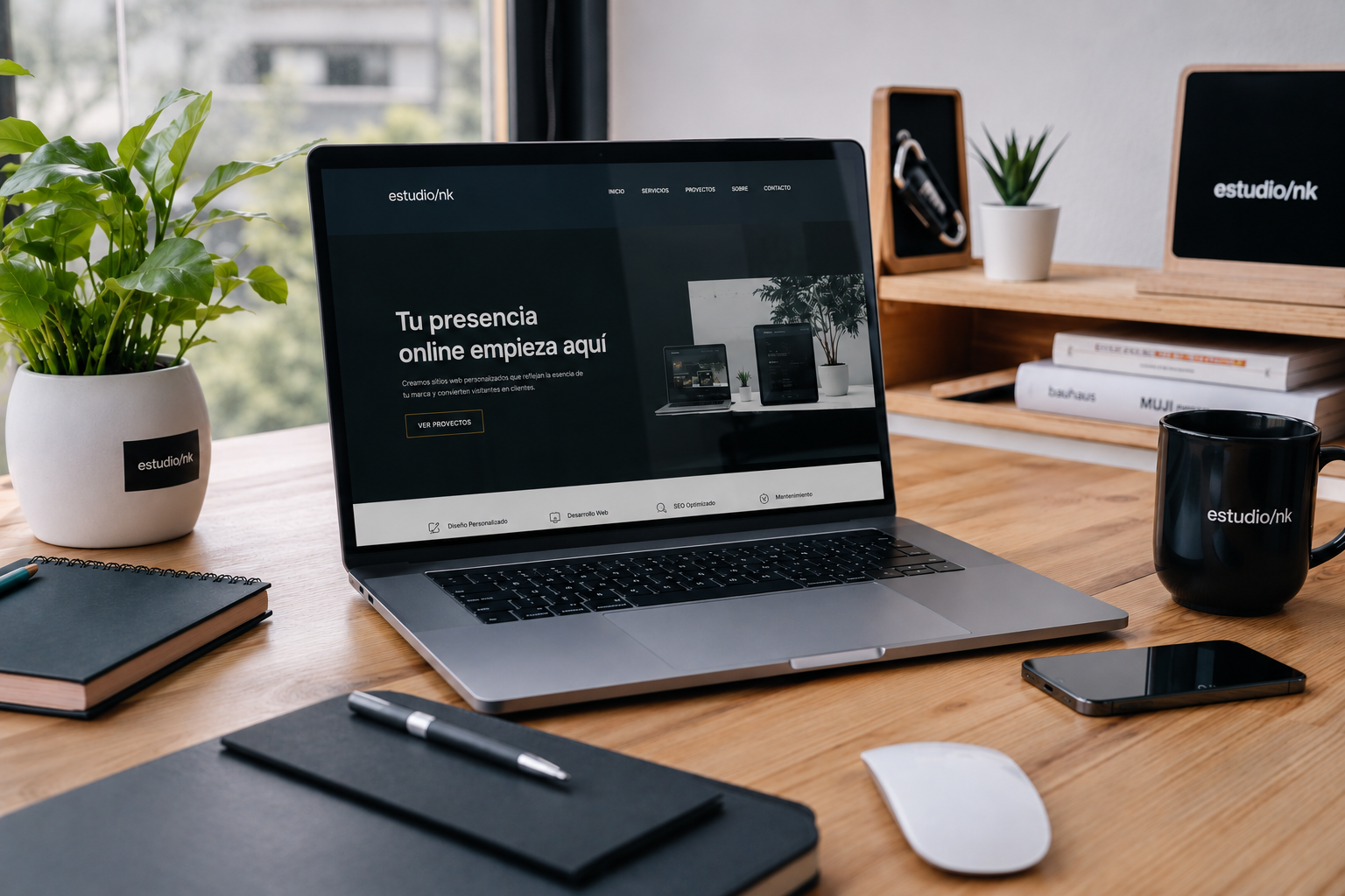 Espacio de trabajo con una web de presencia online abierta en un portátil